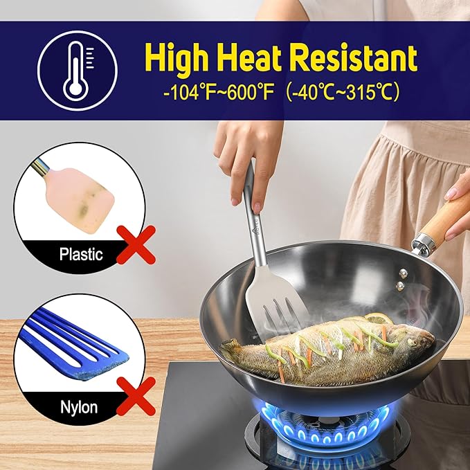 HOTEC Silicone Spatula Set of 2 Heat-Resistant 600°F & BPA-Free Kitchen SaptulaTurner with Stainless Steel Handles, Slotted & Solid Spatulas for Nonstick Cookware, 13.7 Inch, Khaki