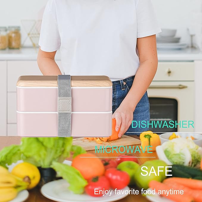 Original Bento Box Lunch Box Japanese Style 2 Layer Food Containers with Utensils Spoon and Fork Bundle Divider Salad Box for Men Women(Pink)