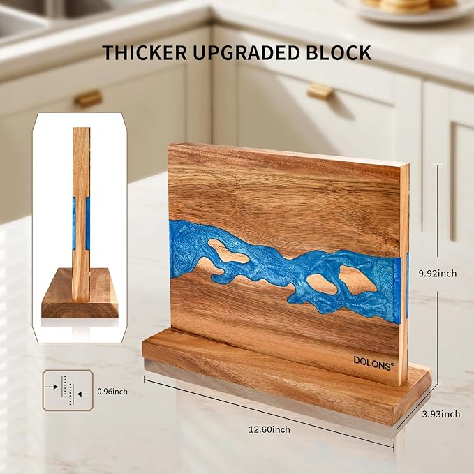 Magnetic Knife Block, Thickened Acacia Wood Resin Kitchen Knife Holder Stand with Strong Magnets, Multifunctional Double Side Knife Storage Organizer for Kitchen Counter