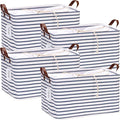 Hinwo 4-Pack Large Canvas Fabric Storage Baskets with Handles, 31L Rectangle Storage Bins, Collapsible Storage Box, Clothes, Toys, Blankets Organizers, 16.5 x 11.8 x 9.8 inches, (Navy Blue Stripe)