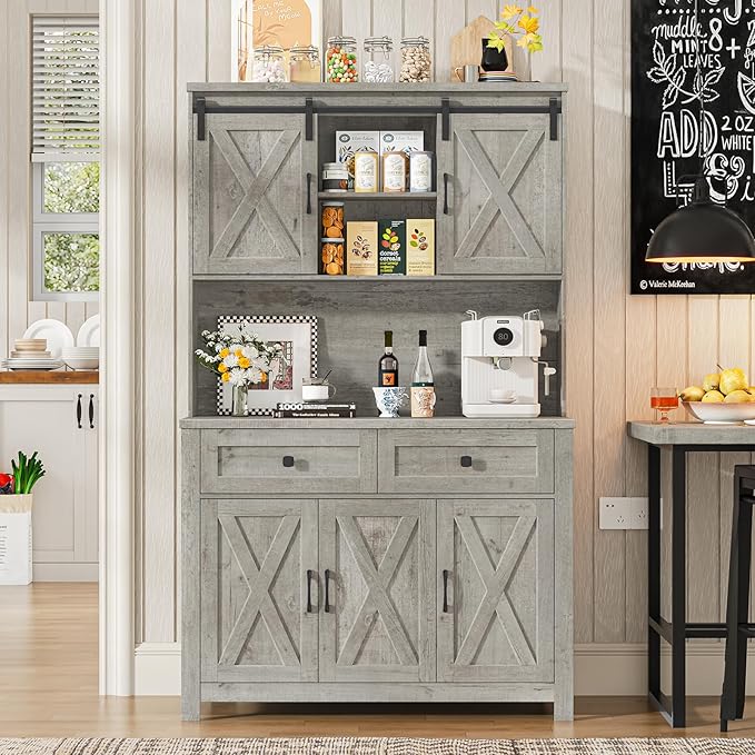 67.7 Inch Farmhouse Pantry Storage Cabinet with Sliding Barn Doors, 2 Drawer Farmhouse Coffee Cabinet with Adjustable Shelf, Side Board with Buffet Cupboard Livingroom Kitchen, Grey