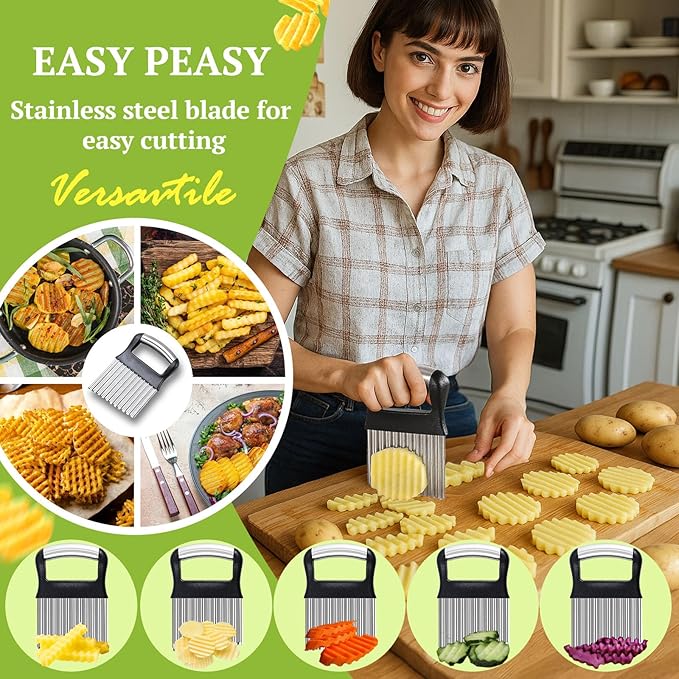 FANTEXY Crinkle Cutter for Veggies, Stainless Steel French Fry Cutter for Potatoes, Cucumbers, Carrots - Wavy Chopper, Waffle Fry Maker