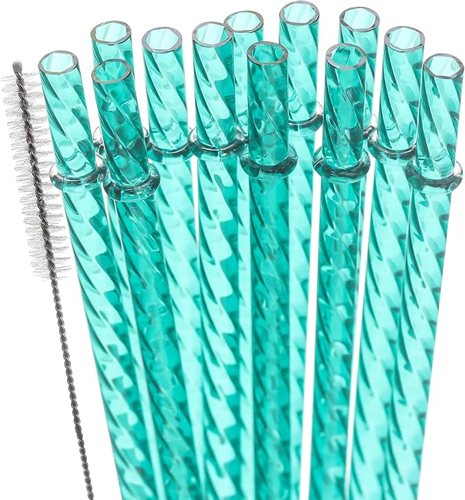 Dakoufish 12 Inch Reusable Clear Plastic Swirl Drinking Straws for 30 oz & 40 oz Jars/Tumblers,Set of 12 Pcs Replacement Crystal Teal Straws with Cleaning Brush (12inch,Teal)