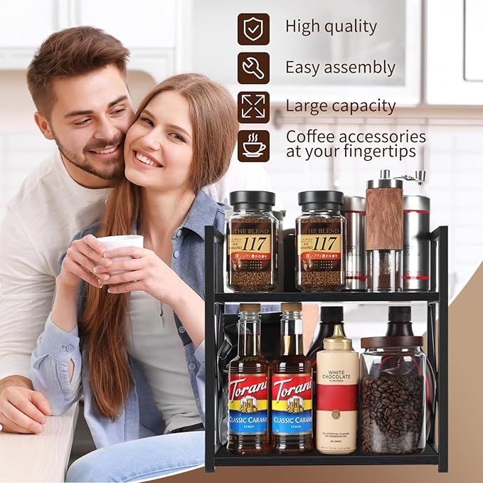 YINMIT Countertop Shelf Organizer,Coffee Bar Accessories,Spice Rack,Coffee Counter Shelf,2 Tier Coffee Organizer Station for Mugs,Cups,Cream,Syrup(Black, Medium)