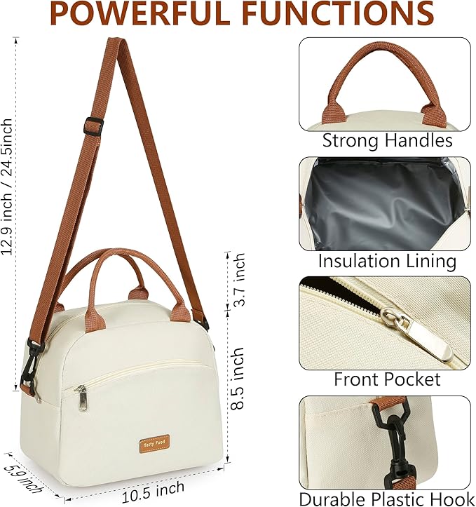 Insulated Lunch Bag For Women, Men Waterproof Cooler Bag Lunch Box For Women Portable Reusable Two-Tone,With Adjustable Straps Can Be Used For Work,White and Brown