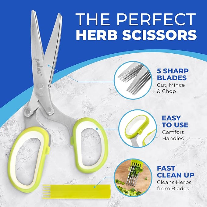 Jenaluca Herb Scissors with Five Blades - Two Pack - Herb Chopper with cleaning comb and safety cover