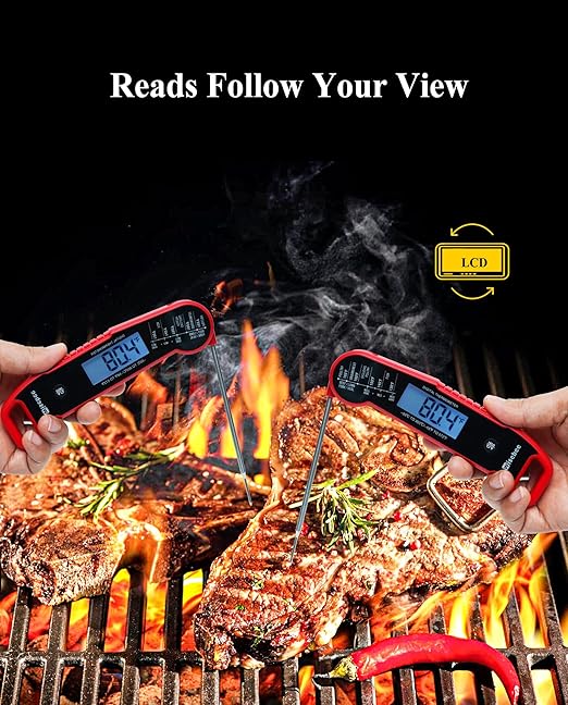 Wisebee Meat Thermometer Digital, 0.5 Sec Instant Read Waterproof Food Thermometer with 180°Auto-Rotate Backlit Display | Anti-Slip Handle | Magnetic Back | Hold Function for Cooking, Red
