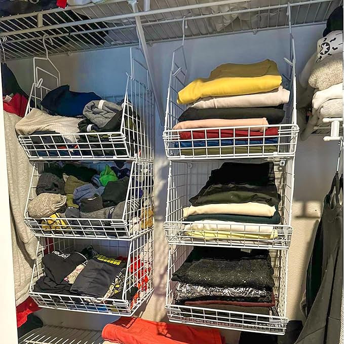 X-cosrack 3 Tier Foldable Closet Organizer, Clothes Shelves with 5 S Hooks, Wall Mount&Cabinet Wire Storage Basket Bins, for Clothing Sweaters Shoes Handbags Clutches Accessories-White Patent Design