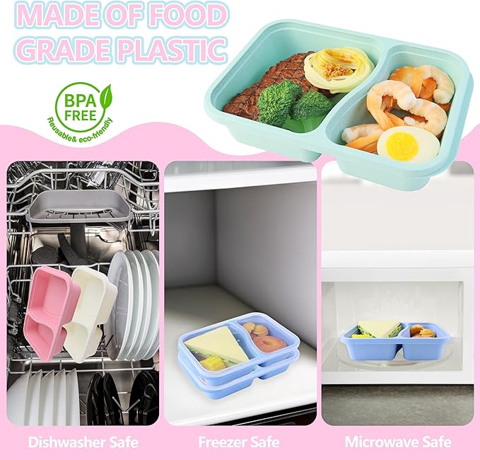 Finorder 4 Pack Wheat Straw Containers, Colorful 2 Compartment Reusable Snack Bento Box Toddler, Rectangle Meal Prep Food Containers for Adults Office and Travel