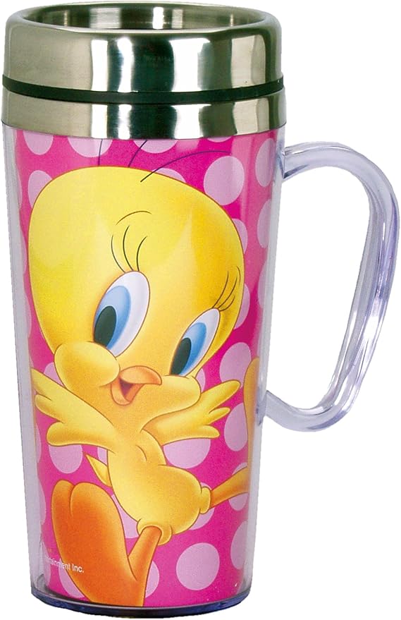 Spoontiques - Insulated Travel Mug - Tweety Bird Coffee Cup - Coffee Lovers Gift - Funny Coffee Mug - 14 oz – Pink