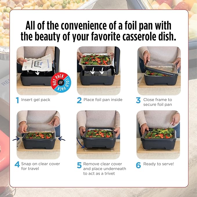 Fancy Panz - Red Premium Aluminum Foil Pan Carrier with Lid & Hot/Cold Pack - Elevated Food Serving Tray - Portable Casserole Carrier with Lid - Made in the USA Hosting Essentials