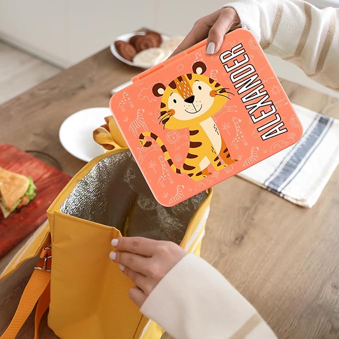 Personalized Bento Box for Kids with Safari Icon and Name - Salmon - 5 Compartments Drop-Proof Bento Box, Dishwasher Safe, Made with BPA-Free Materials, Bento Lunch Box for Kids and Toddlers