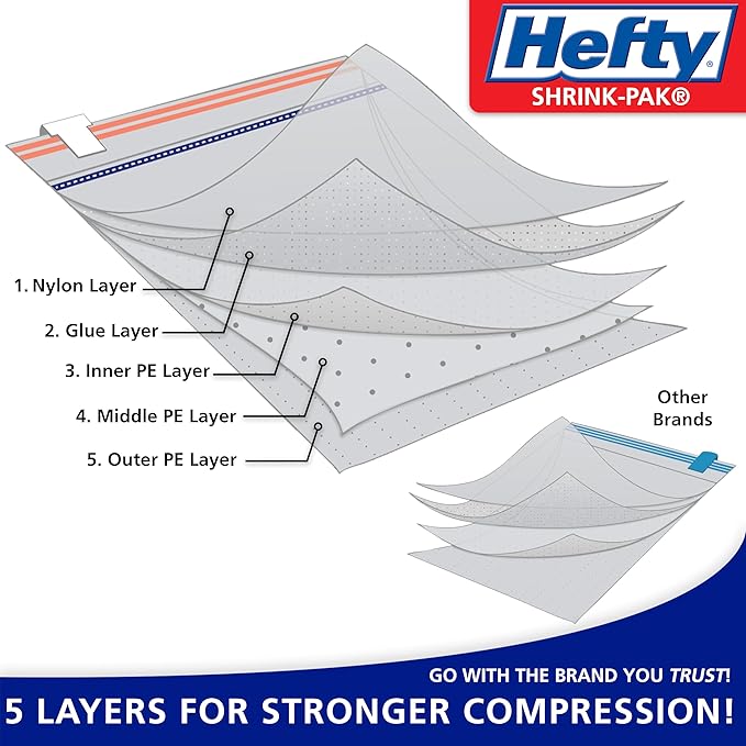 Hefty Vacuum Bags for Clothes 4 Pack, Space Saving Large Vacuum Storage Bags (34 X 22 Inches) Compression Seal for Bedding, Travel Pump Included (4 Large Heavy Duty)