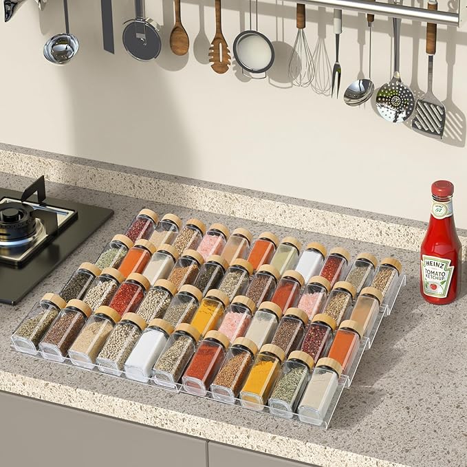 Spice Drawer Organizer 4 Tier, Acrylic Seasoning Organizer Rack, Clear Spice Rack Tray, Kitchen Seasoning Jars Drawers Insert (Jars Not Included/ Expandable From 13" to 26")