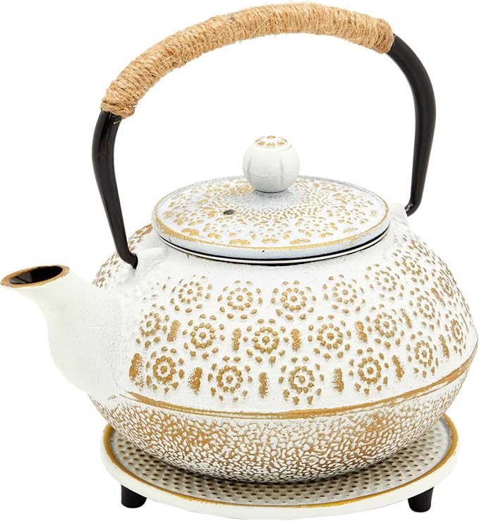 Juvale Stovetop Cast Iron Tea Kettle with Infuser - Superior Heat Retention Loose Leaf Tea Pot - Built-In Teapot with Strainer - Includes Trivet & Infuser Kettle - White, 27 Oz (800 ml)