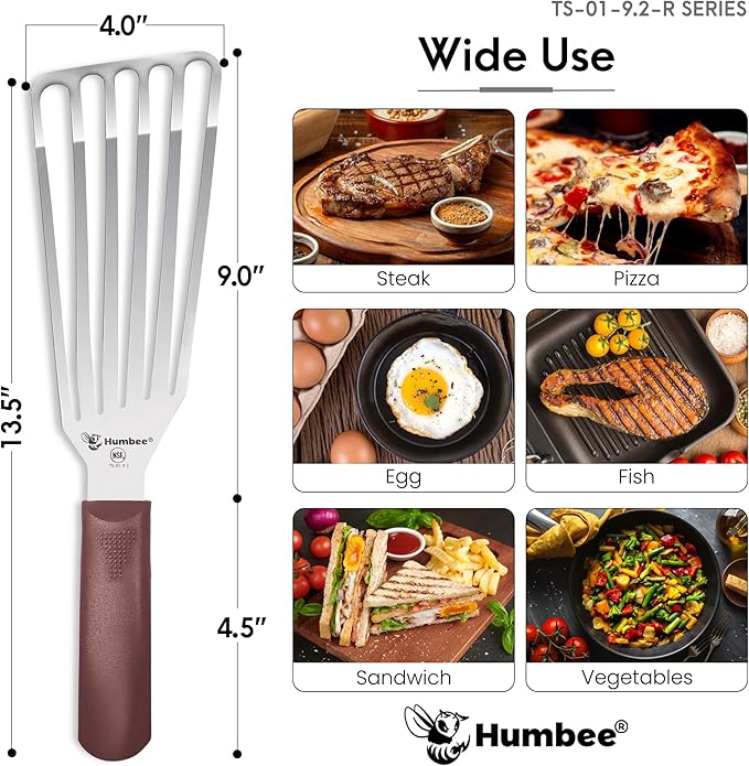9 Inches Fish Turner, Slotted Fish Spatula Dishwasher Safe NSF, Shovel Brown