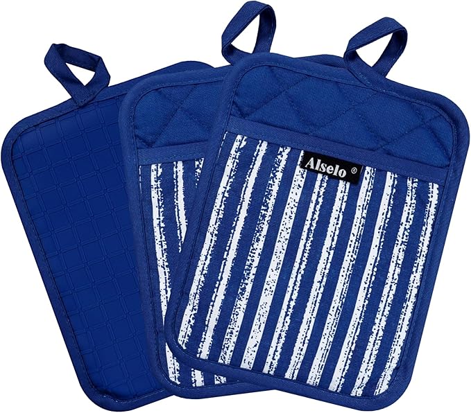 Silicone Pot Holders Set of 3 Heat Resistant & Non Slip Potholders, Professional Oven Hot Pads with Pockets Mitts for Kitchen Cooking Baking Barbecue (Cobait Blue, 3)