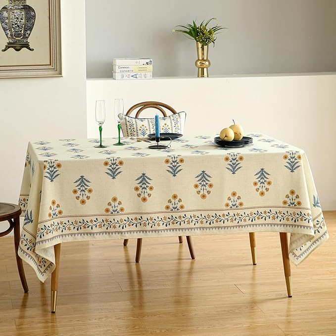 ISAENNE Designer French Pale Yellow Rectangular Tablecloth,Linen Floral Table Cloth,Wrinkle Resistant Decor Tablecloths for Dining Thanksgiving Banquet Kitchen Party,55"*87"-Estevan A