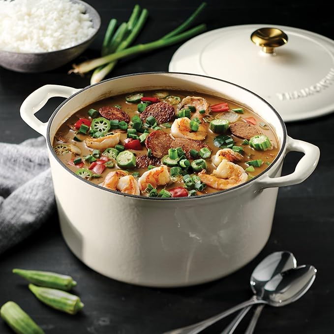Tramontina Bestow Enameled Cast Iron Dutch Oven Pot with Lid, Round 6.5-quart, Latte (Gold Knob)