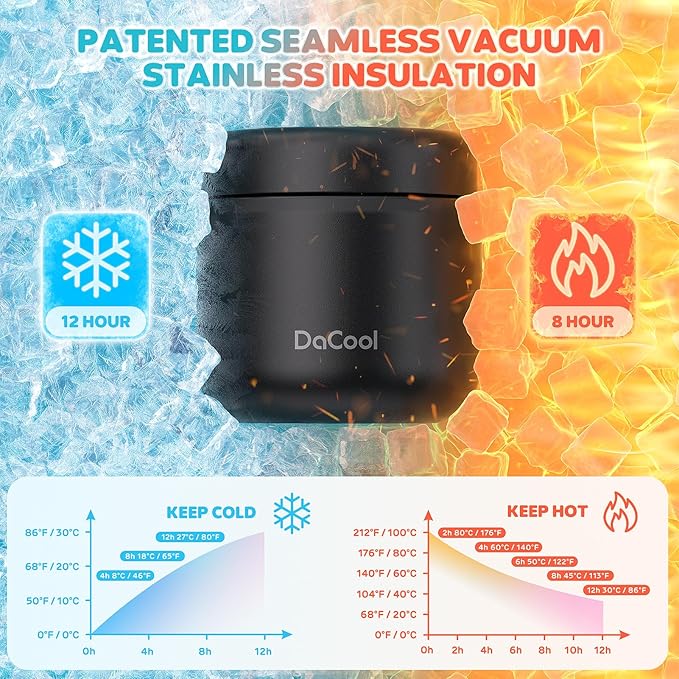 DaCool Kids Thermo for Hot Food Vacuum Stainless Steel Insulated Food Jar 13 OZ Kids Food Thermo Insulated Lunch Container Bento for School Picnic Travel Outdoors,LeakproofBPA Free, Black