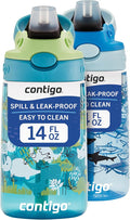 Contigo Aubrey Kids Water Bottle, 2-Pack, 14oz, Dinos & Sharks, Spill-Proof Lid, Dishwasher Safe, Blue & Green