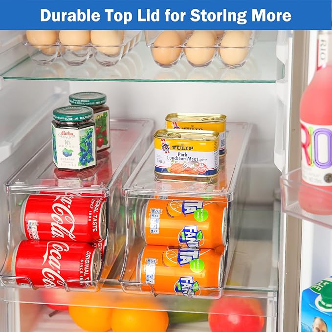 Puricon 2 Pack Soda Can Organizer Dispenser for Refrigerator, Plastic Canned Food Pop Beverage Container Holder Storage Bin with Lid for Freezer Rack Pantry Cabinet Cupboard Kitchen -Standard