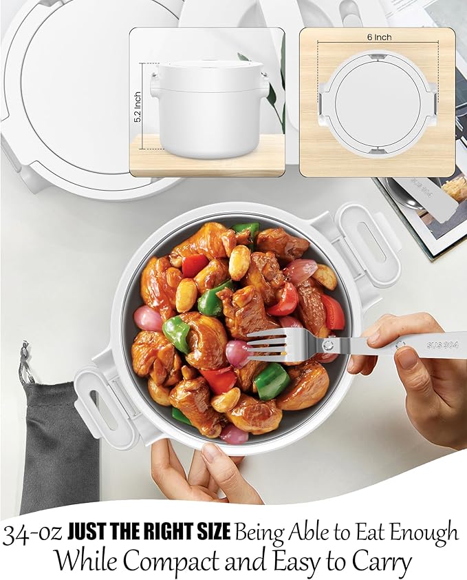 Buddew 100W Electric Lunch Box, 34-Ounce Portable Food Warmer for Work/Office/Car/Travel 12V/24V/110V, with Folding Spoon&&Fork, Built-in temperature controller, Ideal Gift for Men and Women (White)