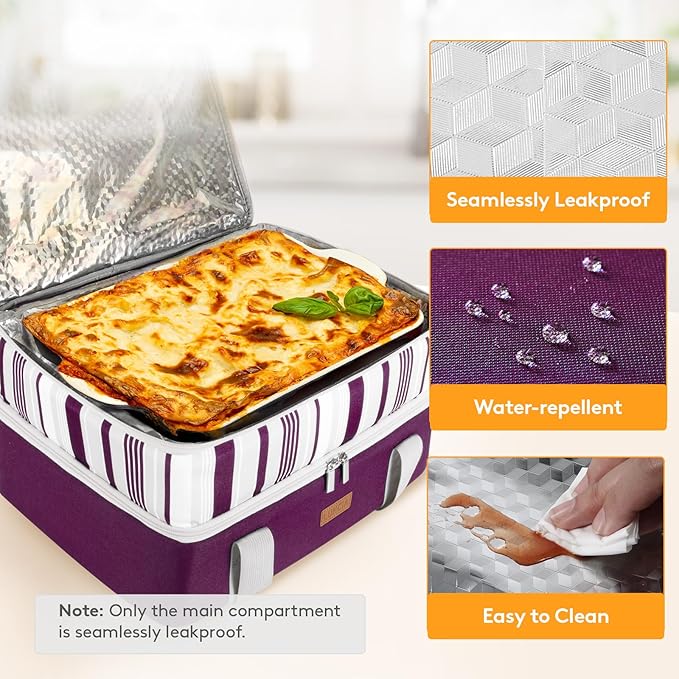 LUNCIA Double Decker Insulated Casserole Carrier for Hot or Cold Food, Lasagna Lugger Tote for Potluck Parties/Picnic/Cookouts, Fits 9"×13" Baking Dish, Purple