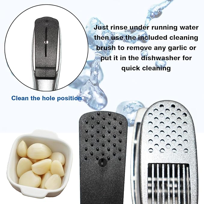 QPQ 2-in-1 Professional Garlic Press and Peeler Set, Aluminum Kitchen Tool with Built-in Cleaner, Manual Crusher and Mincer for Unpeeled Garlic Cloves,Fast And Portable Garlic Peeler