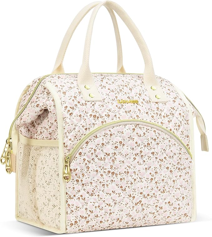 LOKASS Insulated Lunch Bag Women- Reusable 10 L Lunch Box for Women - Leakproof Tote Cooler Bag for Adults Work, Beach, Travel, Picnic （White Small Florals）