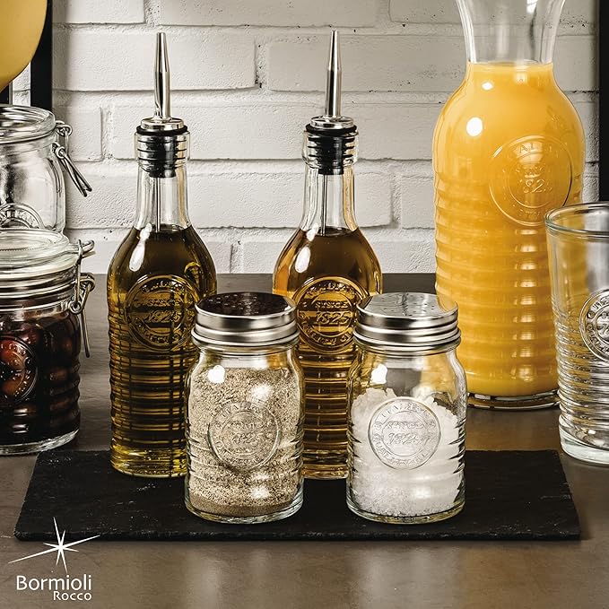 Bormioli Rocco Officina 1825 Salt And Pepper Shaker, Set Of 2, Clear, 8 Oz. Stain Resistant, Durable Glass Jars, Dishwasher Safe.
