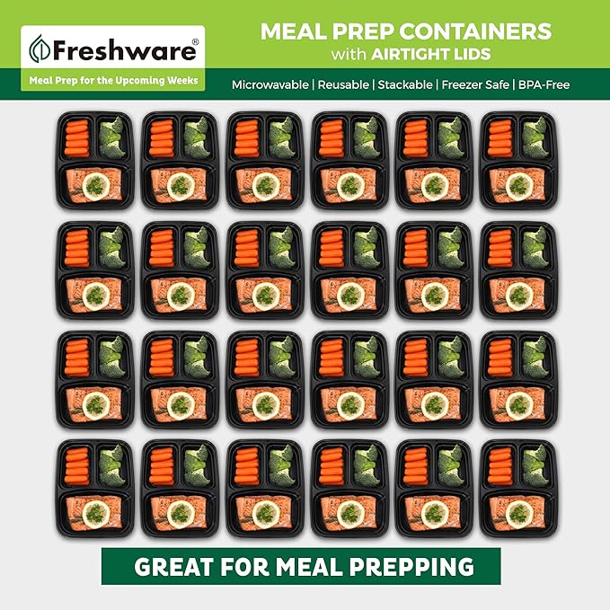 Freshware Meal Prep Containers [150 Pack] 3 Compartment Food Containers with Lids, Bento Box, Stackable, Microwave/Dishwasher Safe (32 oz)