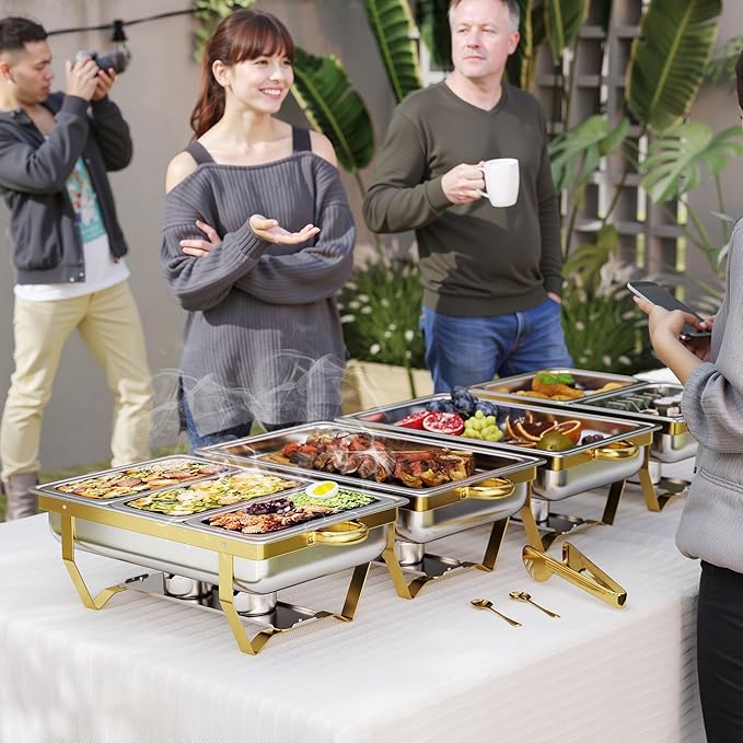 4 Pack Stainless Steel Chafing Dishes for Buffet, 9 QT Capacity 7 Pans Food Warmers for Parties, Weddings, Events Hosting, Family Gatherings, Full Set Catering Server with Serving Utensils Accessories