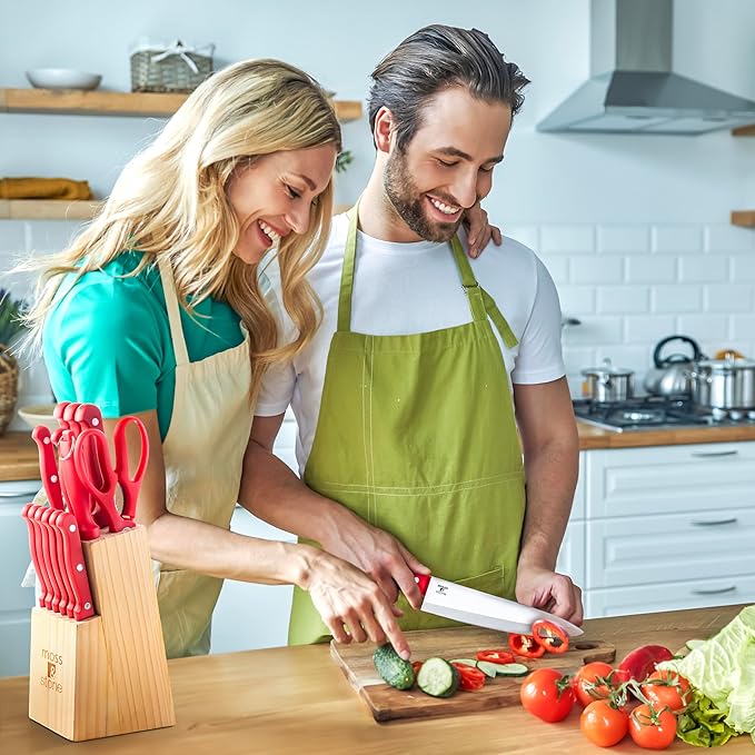 Moss & Stone 14 Pcs Knife Block Set Stainless Steel, Premium Forged Kitchen Knives Set with High-Carbon Blades, Ergonomic Handle, Sharp Blade, Rust Resistant, Modern Style for Home & Chef, Red