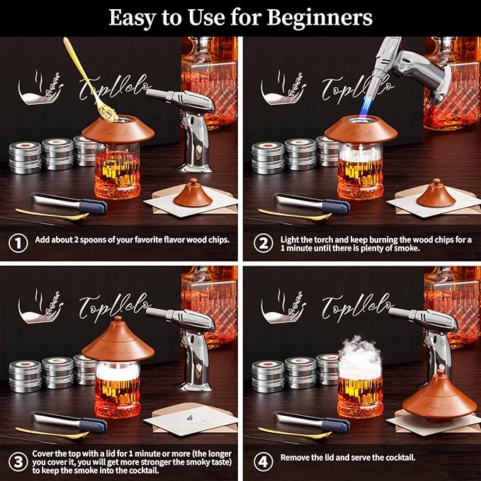 Cocktail Smoker Kit with Torch and Whiskey Glass, 6 Flavors Wood Chips and 3 Whisky Stones for Whiskey & Bourbon, Gift for Husband, Birthday Gift (No Butane), Brown