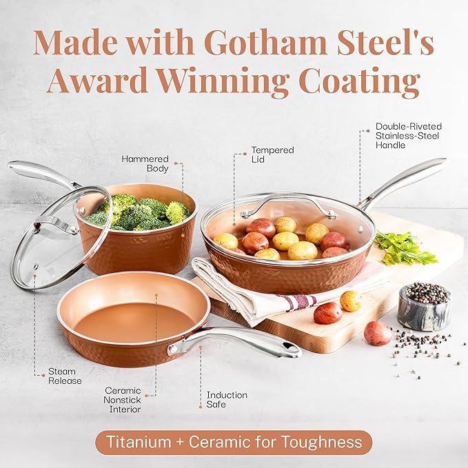 GOTHAM STEEL Hammered Copper 12 Inch Non Stick Frying Pans with Lid, Frying Pans Nonstick with Lid, Non Toxic Ceramic Pan for Cooking, Nonstick Frying Pan, Induction Pan, Oven and Dishwasher Safe