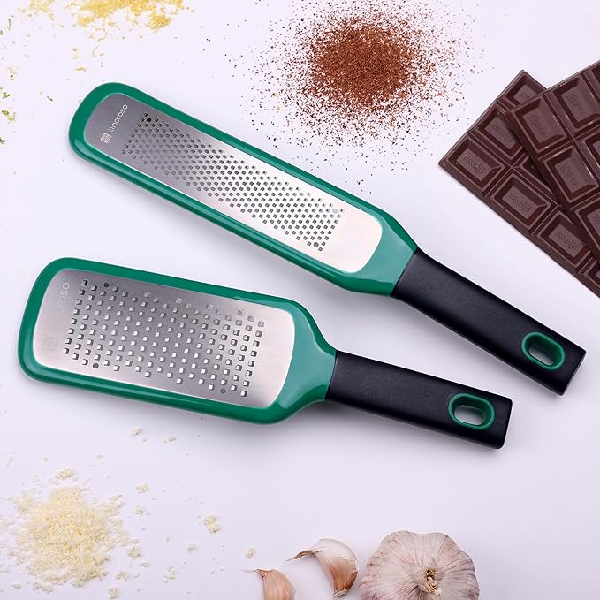 linoroso Lemon Zester & Cheese Grater Set of 2 - Kitchen Handheld Grater Tool for Cheese, Garlic, Ginger, Nutmeg, Chocolate, Fruits - Razor Sharp Stainless Steel Blade with Protective Cover