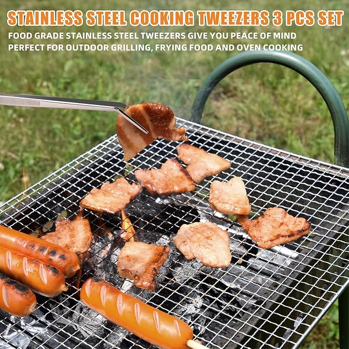 3 Pcs Kitchen Tweezers, 12'' and 11.6" Stainless Steel Tongs For Cooking, Professional Cooking Tongs, Chef Cooking Tweezers, Sea food, BBQ, Plating and Serving