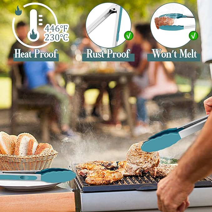 TeamFar Kitchen Tongs, 9" and 12" Stainless Steel Cooking Tongs with Silicone Tips for Cooking Grilling Serving & BBQ, Heat Resistant Silicone Tongs, Locking Design & Dishwasher Safe, Set of 2 & Blue