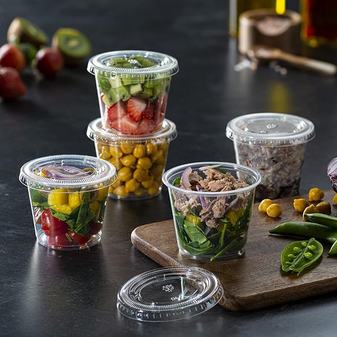 Pantry Value [5.5 oz. - 200 Count Clear Disposable Plastic Portion Cups with Lids - Small Plastic Condiment Containers for Sauce, Salad Dressings & Portion Control