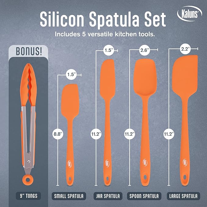 Kaluns Silicone Spatula Set, 4 Rubber Spatulas 600°F Heat Resistant, Nonstick Seamless Design with Stainless Steel Core, Dishwasher Safe, BPA free, Bonus Tongs Included
