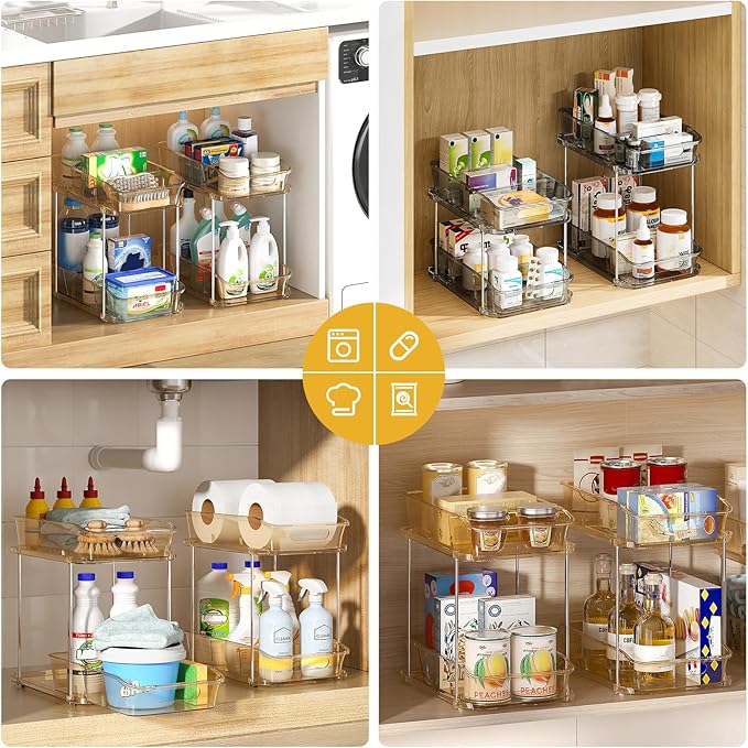 Delamu 2-Tier Under Sink Organizers and Storage, Multi-Purpose Stackable Bathroom Cabinet Organizers, Pull Out Kitchen Pantry Organization and Storage with Dividers Amber, 4 Pack