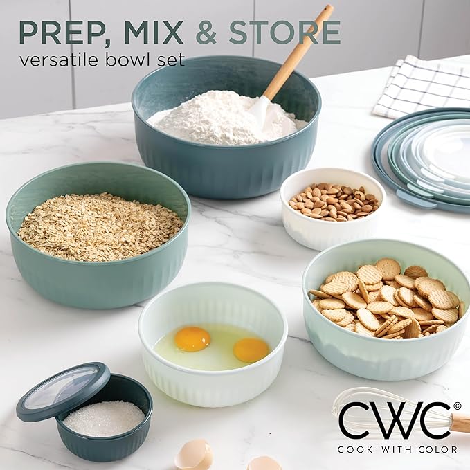 COOK WITH COLOR Prep Bowls with Lids- Wide and Deep Nesting Plastic Small Mixing Bowl Set with Lids, 12 Piece Set - Wide Bowls, Teal