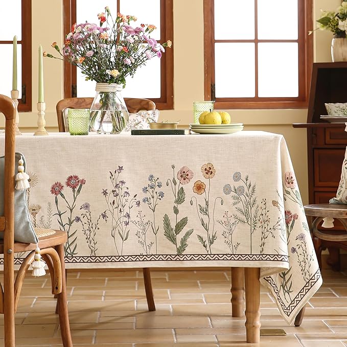 ISAENNE Designer Off White Linen Rectangular Tablecloth,Floral Elegant Table Cloth,Stain Resistant Vintage Decor Tablecloths for Dining Thanksgiving Kitchen Christmas,55"*87"-Serenity G
