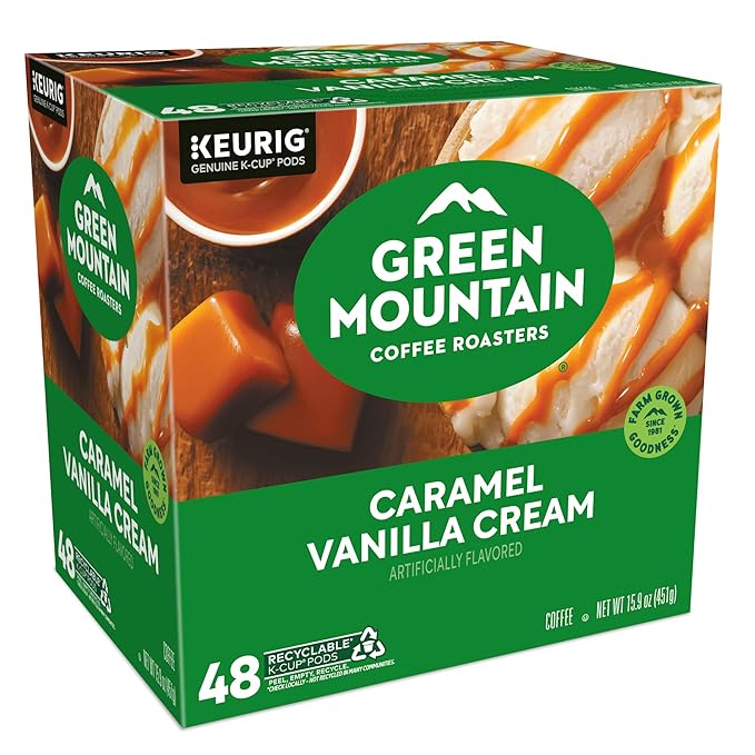 Green Mountain Coffee Roasters Caramel Vanilla Cream, Single-Serve Keurig K-Cup Pods, Flavored Light Roast Coffee Pods, 48 Count