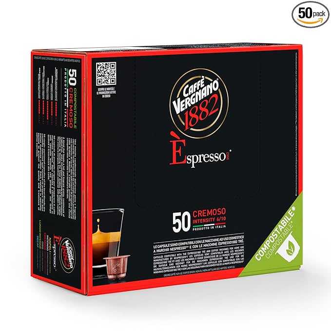 Caffe' Vergnano 1882 Medium Roast Espresso Original Line Machine Compatible Capsules, Arabica Robusta Espresso Coffee, Italian Coffee For Nespresso Coffee Machines, Intensity 6/10, Cremoso, 50 Ct