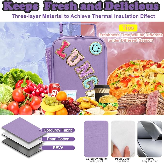 FlowFly Lunch box Insulated Soft Bag Mini Cooler Back to School Thermal Meal Tote Kit With Buckle and Mesh Side Pocket for Girls, Boys, PurpleWithLetter