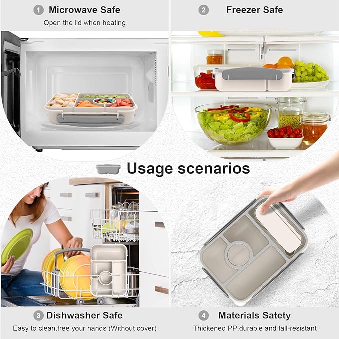 Bento Box Adult Lunch Box Kids,Lunch Containers for Adults/Kids/Toddler,5 Compartments Bento Lunch Box with Sauce Vontainers,Microwave & Dishwasher & Freezer Safe,BPA-Free(White)