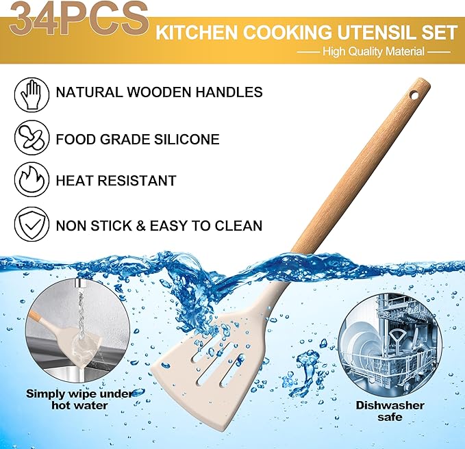 Silicone Cooking Utensils Set, 43Pcs Non-Stick Heat Resistant Kitchen Utensils Spatula Set with Wooden Handle for Baking, Cooking, and Mixing, Best Kitchen Gadgets Tools with Holder (Khaki)