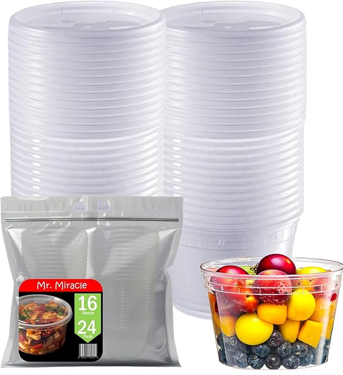 Mr Miracle Deli Containers with Lids - 24 Pack of 16 oz Clear Airtight Reusable Plastic Food and Multi-Purpose Containers - Microwave, Freezer, and Dishwasher Safe